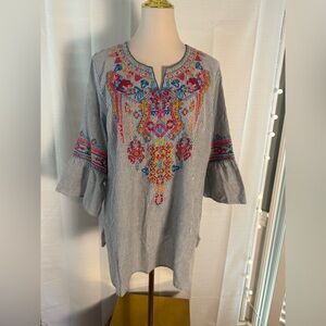 Caleoa Embroidered Stripe Tunic Top Bell Sleeve Boho Festival Cotton Large